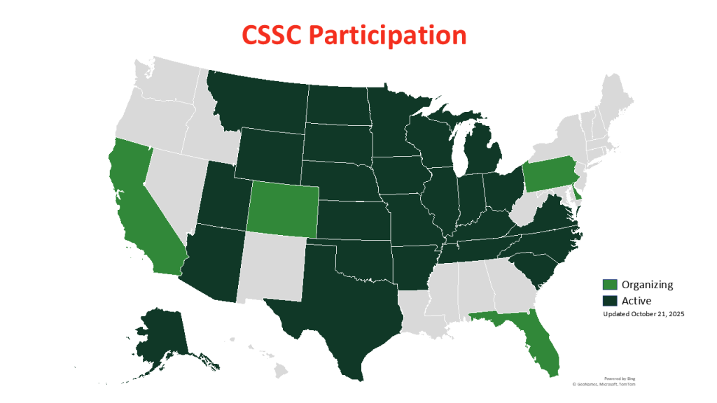 A U.S. map titled “CSSC Participation” and updated October 21, 2025 shows states in three colors: dark green for Active participation, light green for Organizing, and gray for no participation. Most central and southern states (and Alaska) are dark green, while California, Colorado, Florida and Pennsylvania are light green.